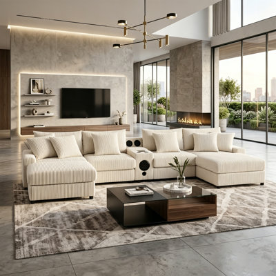 Modern U-Shaped Corduroy Sectional Sofa With Bluetooth Speakers, Wireless Charging & Hidden Storage And Movable