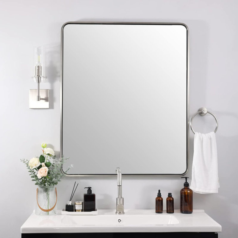 Miroir de salle de bain rectangulaire contemporain | Cadre épais en acier inoxydable, Nickel brossé, 36 po x 30 po