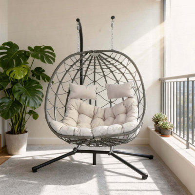 2-Person Hanging Egg Chair with Stand, Beige