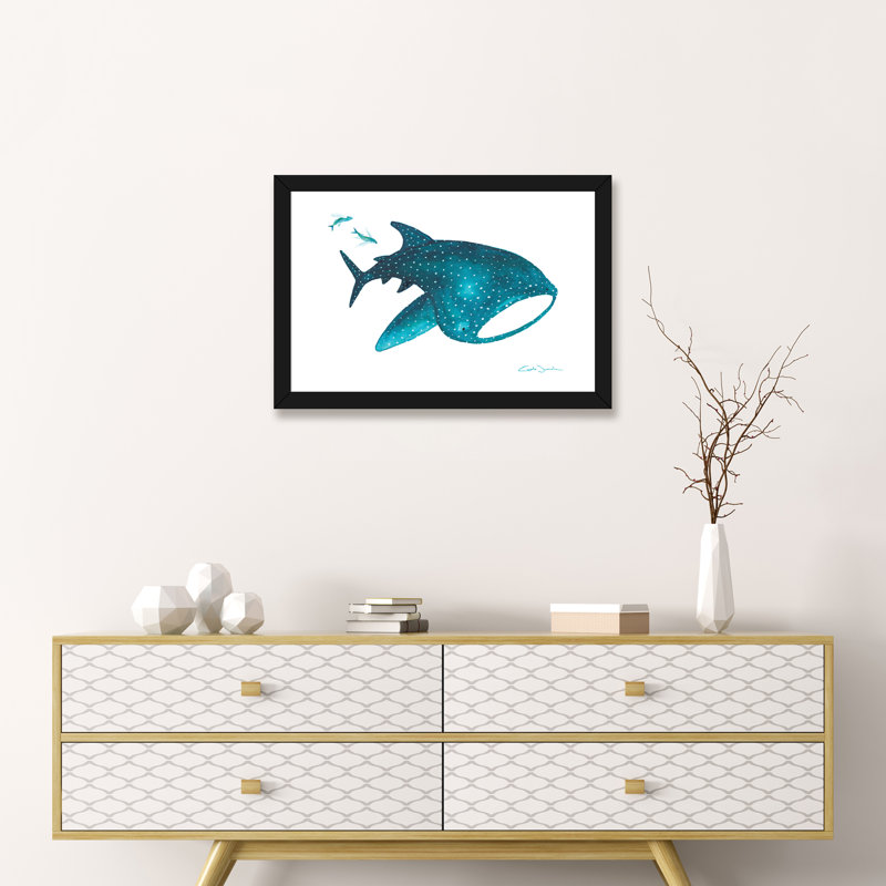 " Whale Shark And Fishes ", White, 16" H x 24" W x 1" D, Black Framed Paper