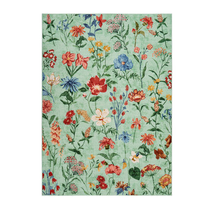 Vintage Floral Washable Rug, 8x10 Low Pile Soft Non Slip Area Carpet for Living Room Bedroom Kitchen Dining Office, Light Green