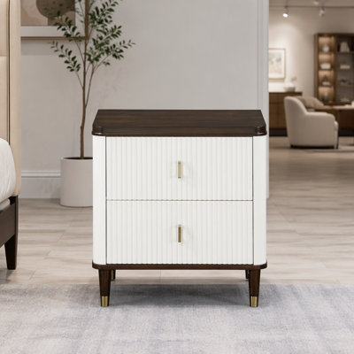 White and Brown 2-Drawer Nightstand with USB Port
