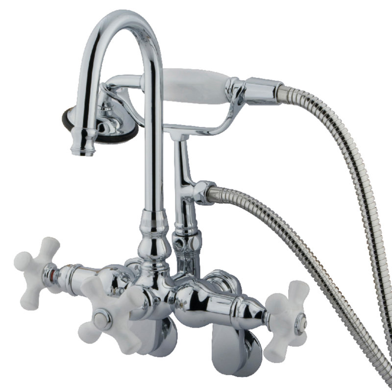 Kingston Brass Vintage Three-Handle 2-Hole Tub Wall Mount Clawfoot Tub Faucet with Hand Shower