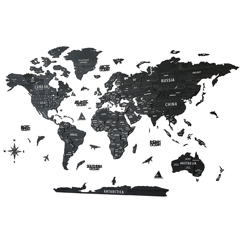 Carte du monde 3D en bois, art mural - Conception multicouche faite à la main, H 31,5 po x l 59,1 po x P 1 po, Tuana