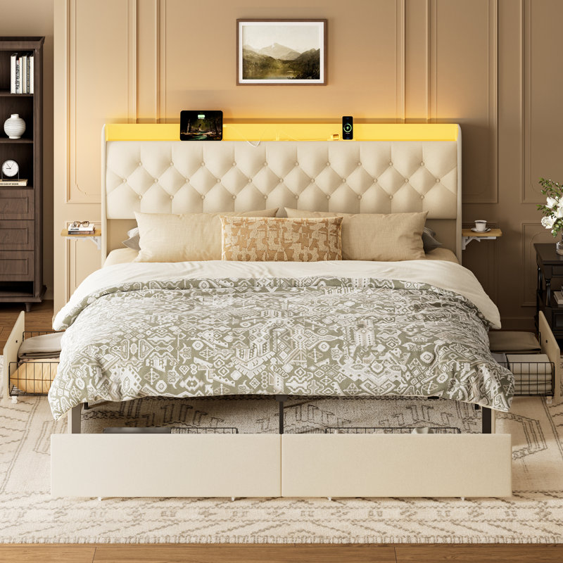 Coba Upholstered Platform Bed with Storage Drawers and Charging Station, King, Beige
