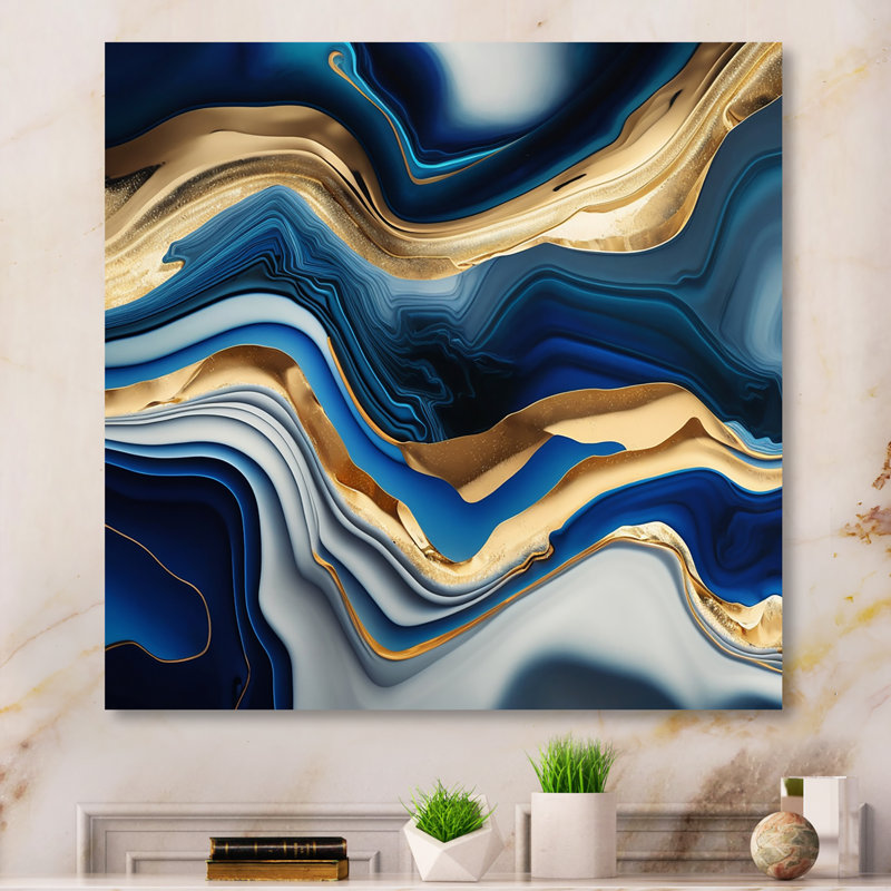 Décoration murale moderne en métal bleu vif et agate dorée II, H 23 po x l 23 po x P 1 po