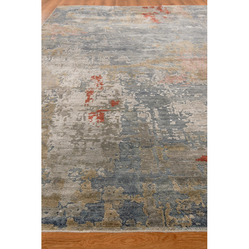 Laureno Hand Knotted Silk Abstract Area Rug in Blue, Rectangle 10' x 14'