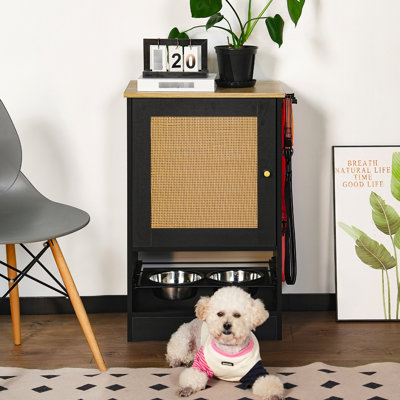 Table d'alimentation noire pour animaux avec armoires de rangement et conception coulissante - Gardez votre maison propre Station d'alimentation 2 bols surélevés 1 armoire, noir, optimisation de l'espace