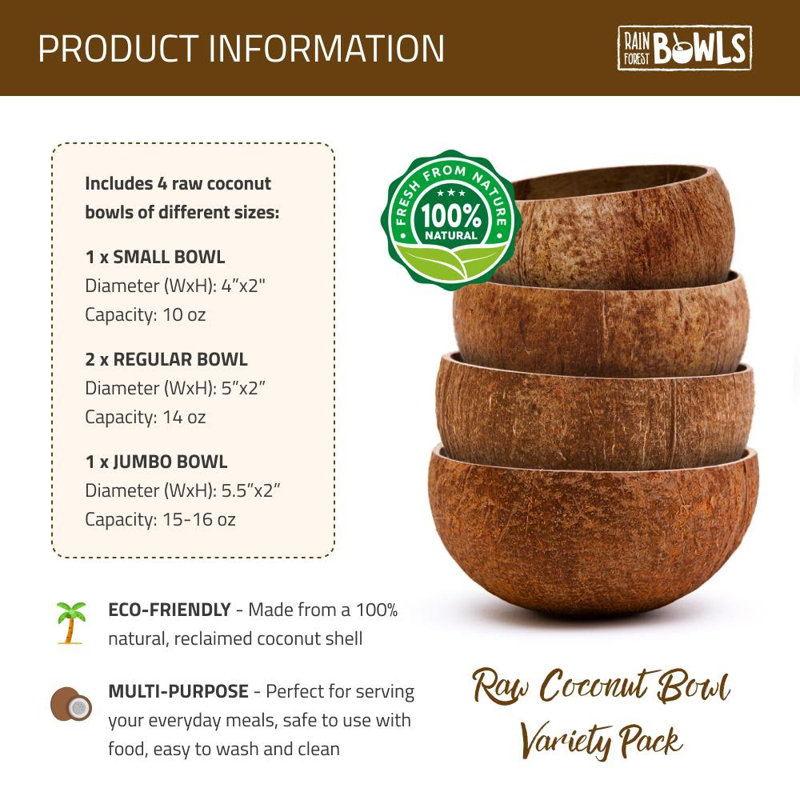 4 Piece Raw Coconut Dining Bowl Set