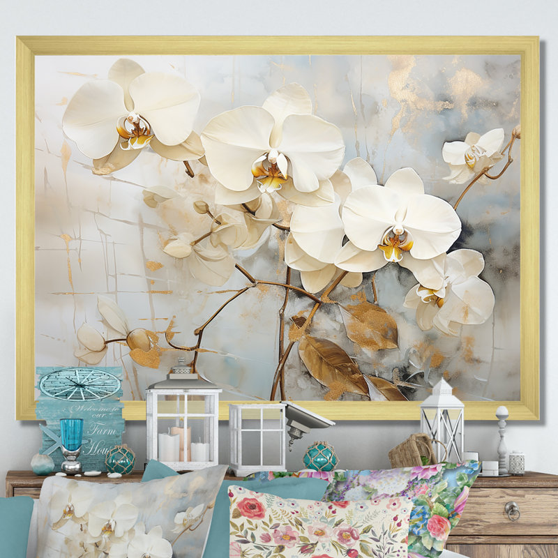Orchidée beige et dorée V sur toile, H 16 po x l 32 po x P 1 po, Cadre doré simple