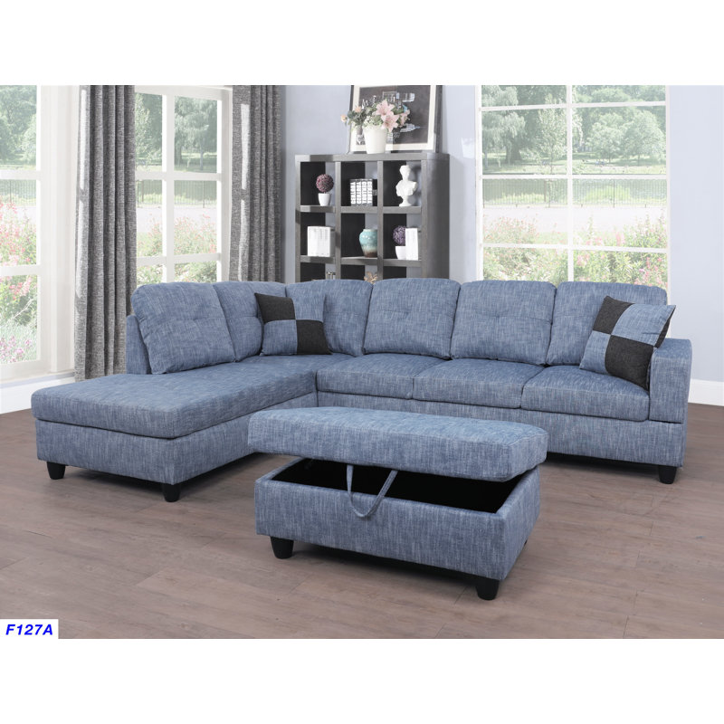 Canapé modulaire et chaise longue avec repose-pieds de 103,5 po Jessica, Mélange de lin gris / blanc