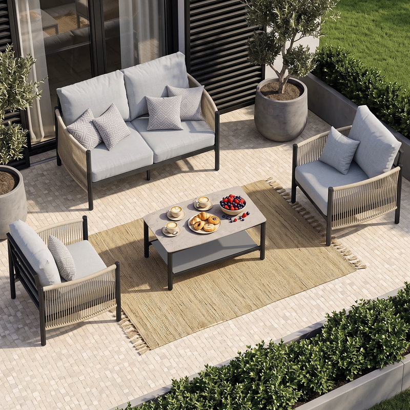 Canapé extérieur 2 places en aluminium de 130 cm (51 po) avec coussins de 15 cm (6 po), structure antirouille et revêtement en PEHD tissé à la main