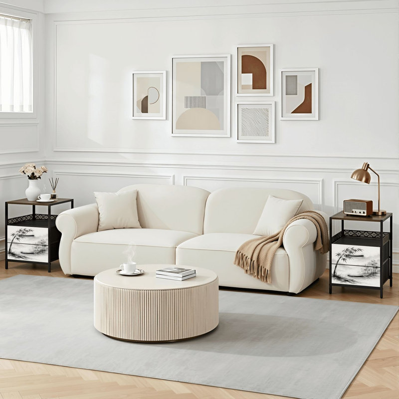 Table de chevet 2 tiroirs avec station de charge, table de chevet de chambre à coucher avec ports USB et prises de courant à tablette ouverte noire, table de chevet avec impression élégante de forêt de bambou noir et blanc