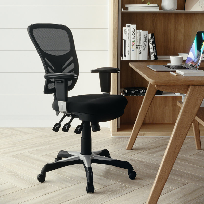 Chaise de bureau ergonomique en filet à dossier moyen avec accoudoirs réglables Siyer, Noir, Noir