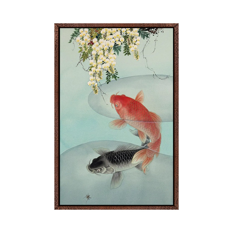 Curious Koi - Painting on Canvas, 66.04 cm H x 45.72 cm W, Classic Brown Wood Framed
