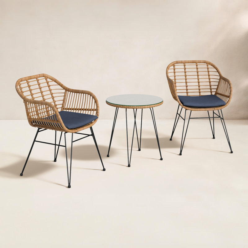 Ensemble de conversation en rotin 3 pièces avec coussins Fuze, Bleu marine