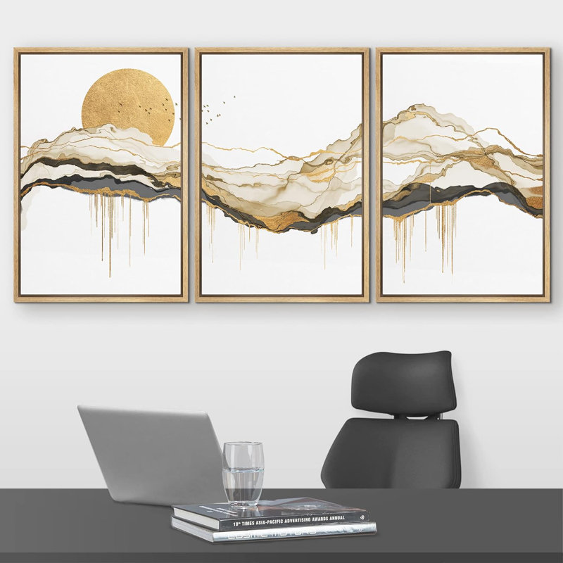Gold Sun Mountain Abstract Landscape Artwork Pictures Wall Art Framed 3 Pieces Canvas Print, Naturel
