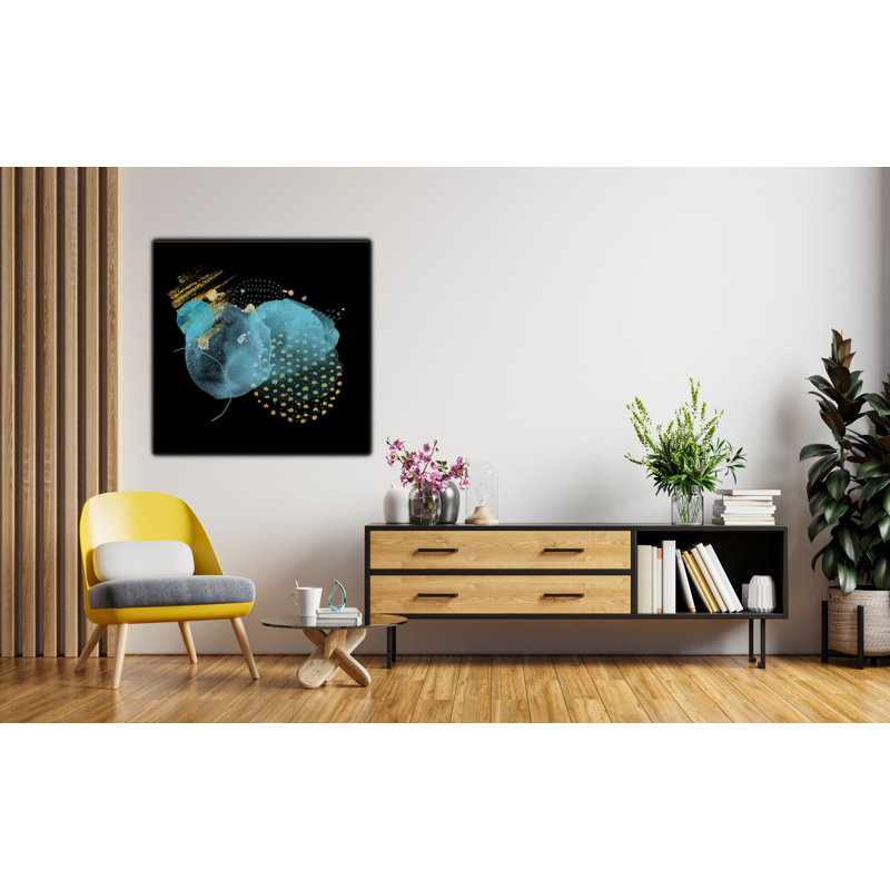 Abstraction In Blue And Gold - Wrapped Canvas Painting, 100cm H x 100cm W