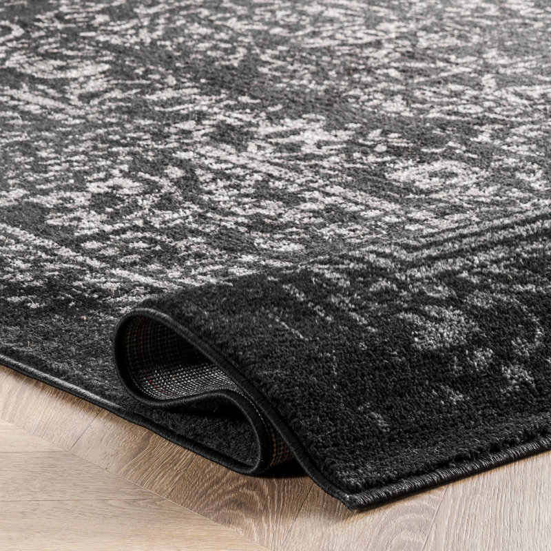 Adetoun Traditional Power Loom Performance Black/Gray Rug, Square 6'