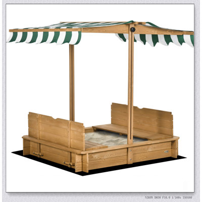 Outsunny Wooden Kids Sandbox with Adjustable Canopy, Foldable Bench Seats, and Protective Cover for Safe Outdoor Play