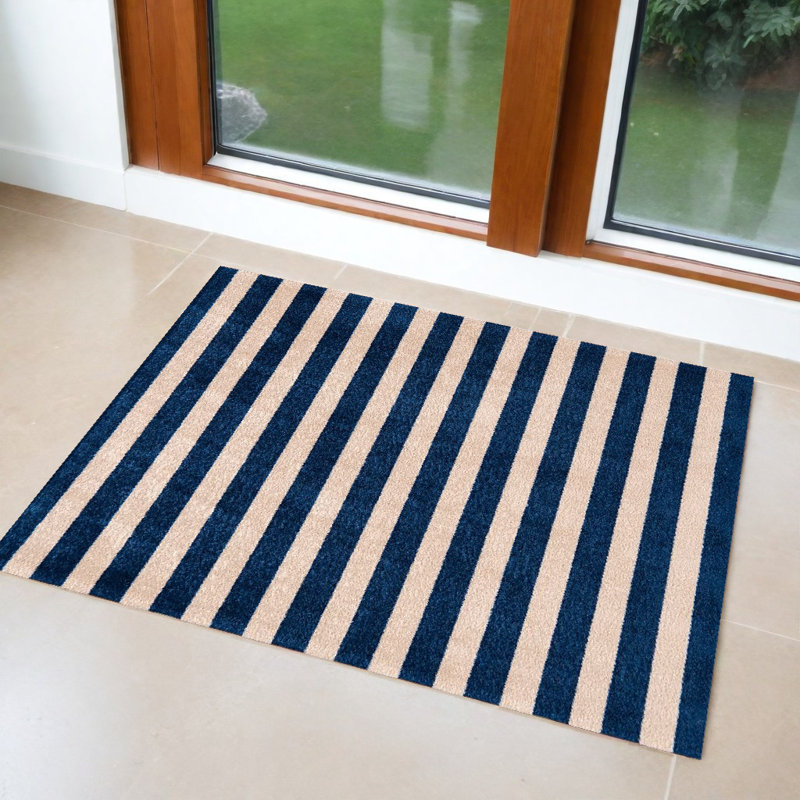 2' x 3' Navy And Sand Striped Tufted Washable Non Skid Area Rug, Rectangle 2'3" x 4'