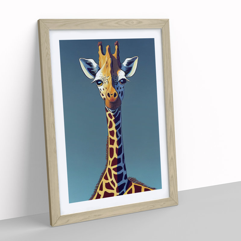 Giraffe Cartoon - Wall Art, 46cm H x 34cm W x 2cm D, Oak Framed