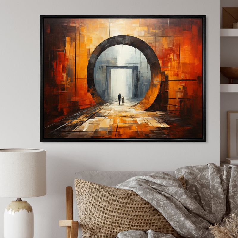 Orange Tunnel entrelacé sur toile, Cadre flottant noir, H 12 po x l 20 po x P 1 po