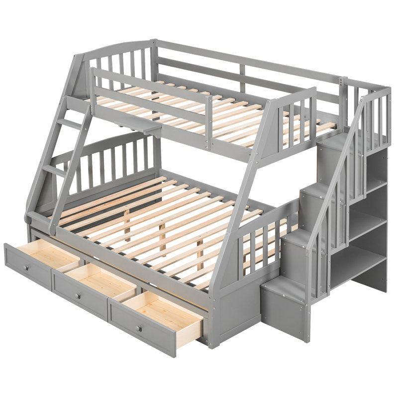 Lit superposé simple gris avec tiroirs et tablettes décoratives. Fabrication en bois massif. Maximisez l'espace de rangement. Configuration polyvalente. Barrière de sécurité sécuritaire. Pas de sommier requis, tiroirs, support de décoration. Cadre pour