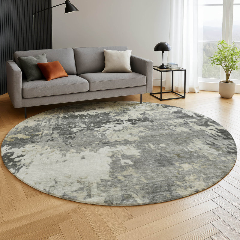 Premium Machine Washable Mayfield AMF2142 abstract Rug, Pewter, 8' Round