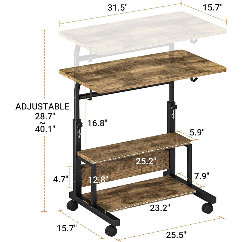 Bureau portable avec tablettes de rangement, bureau à hauteur réglable avec roulettes, petit bureau roulant avec crochets, bureau debout sur roulettes pour le bureau personnel, table d'ordinateur mobile pour les petits espaces