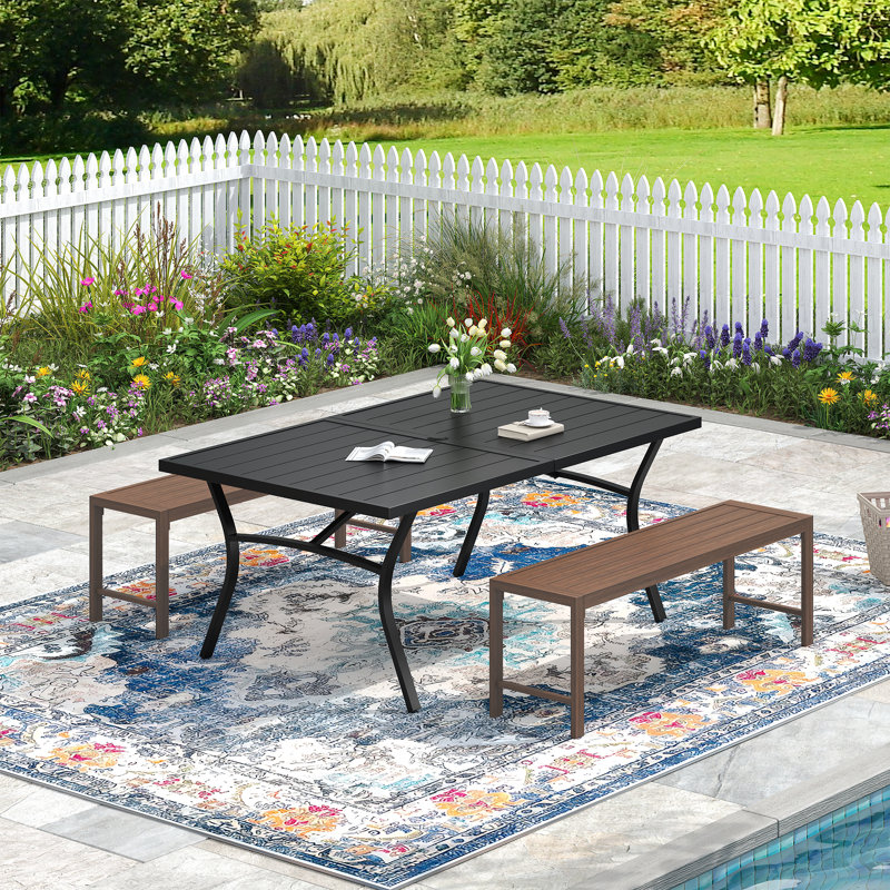 Ensemble repas d'extérieur 6 personnes avec banc, Brun