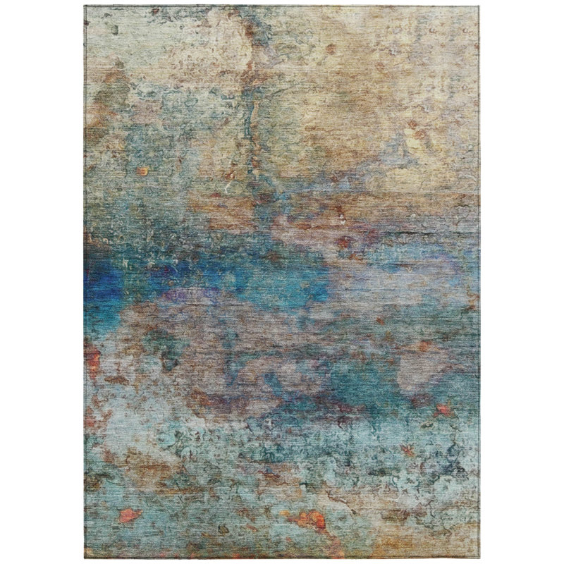 3' X 5' Teal Blue Orange And Beige Abstract Washable Indoor Outdoor Area Rug