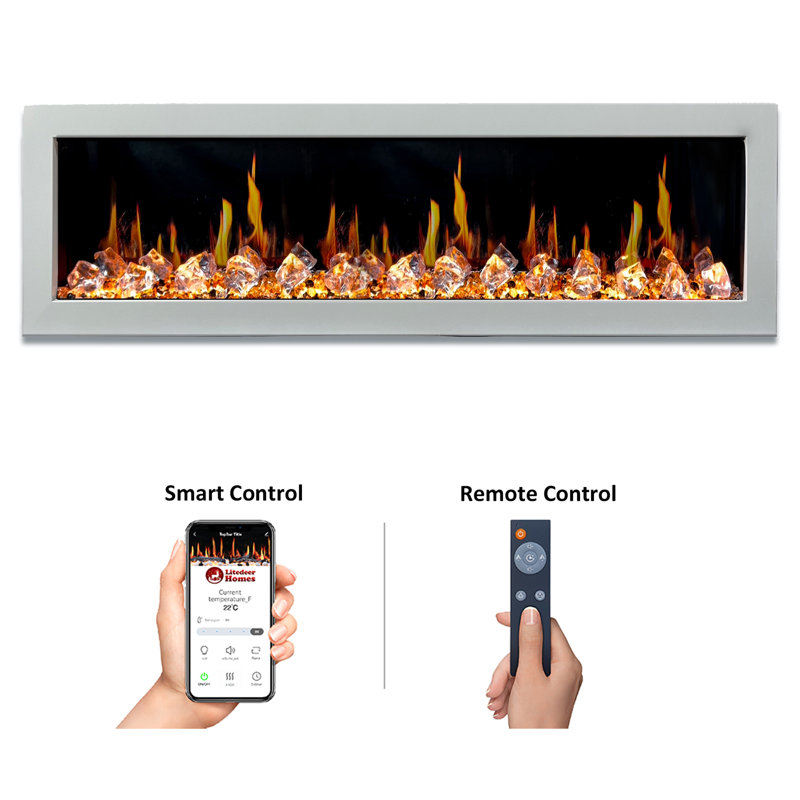 Foyer électrique intelligent 68 "ZEF68X Latitude Liedeer Homes | Cadre blanc ultra-mince fixé au mur et encastré | HD multi-flammes, bûches respirantes, contrôle des applications