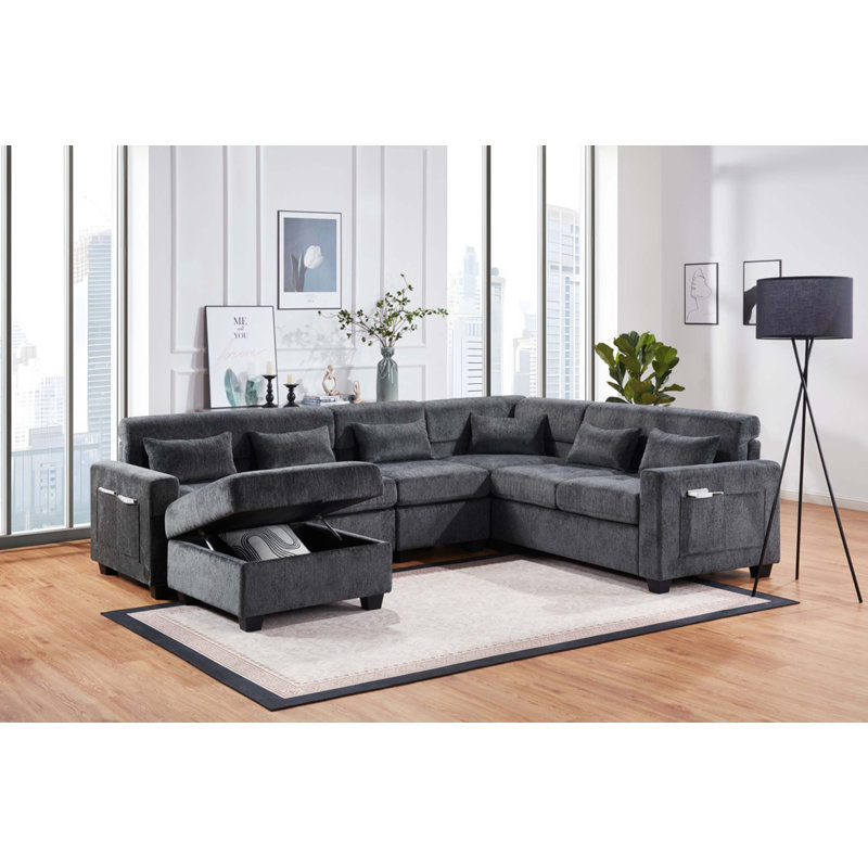 Canapé modulaire en chenille l 115 po Trevi avec dossier réglable, ports de charge, poches, capitonnage, repose-pieds avec rangement, coussins décoratifs
