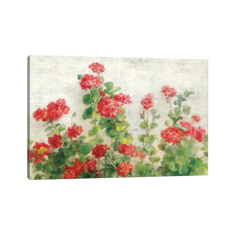 "Géraniums rouges on White" par Danhui nai, reproduction d’art, H 32 po x l 48 po x 1,5 po, Toile tendue, Pas de tapis