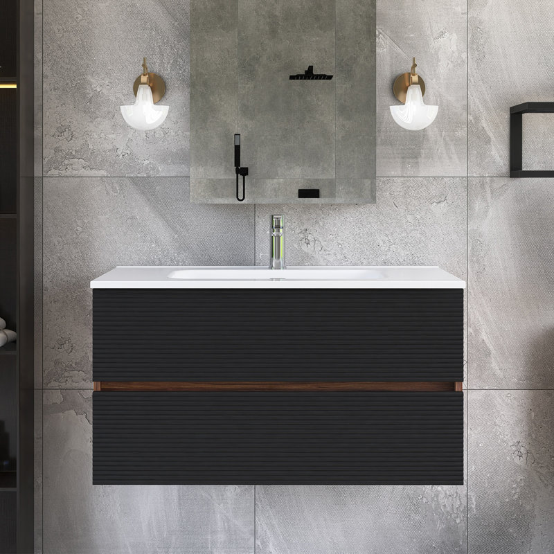 36 po W Meuble-lavabo mural simple avec lavabo, Brun / Noir