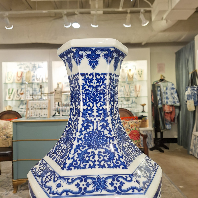 Hex Blue and White Filigree Vase