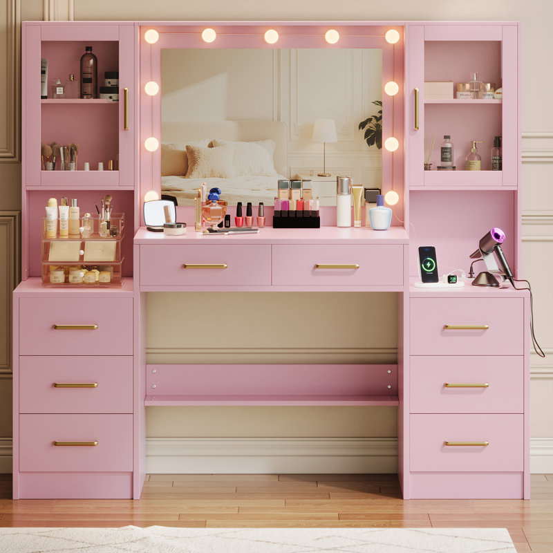Meuble-lavabo 58,25 po avec miroir, station de charge, 8 tiroirs et 2 armoires, Pink