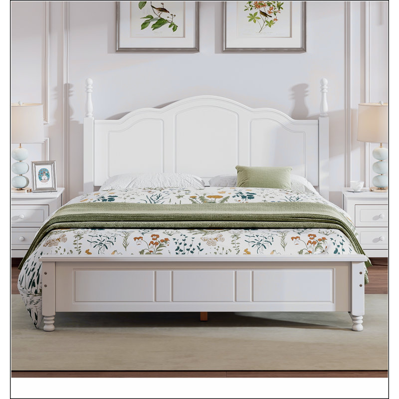 Base de lit plateforme en bois, lit plateforme de style rétro avec support en lattes de bois, Blanc, Grand lit