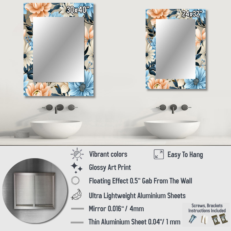 Motif floral de charme vichy bleu et beige Rosalin - miroir floral, miroir mural Cottage, 32 po x 24 po
