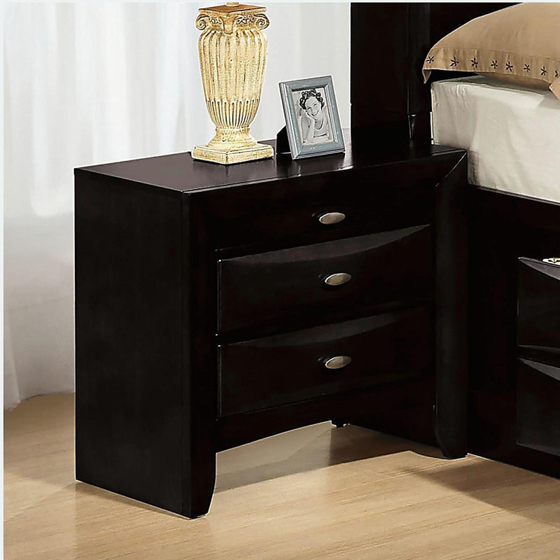 Black Colour 1pc Nightstand Solid wood Bedside Table Knob Pulls 2-Drawers Bedside Table, Black