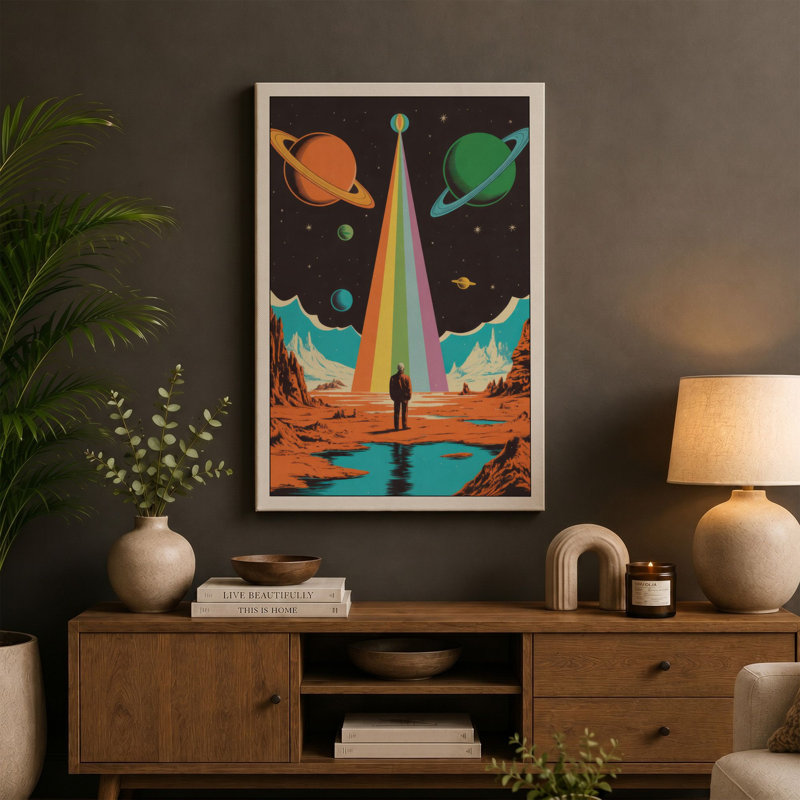 Figure Under Cosmic Light Retro - Wrapped Canvas, 30x20 - 76.2 x 50.8 cm, Cream Border