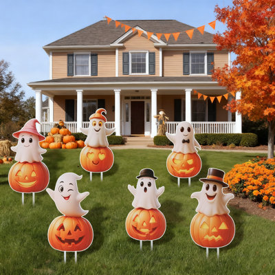 Outdoor Halloween Yard Signs, 6 PCS Cute Pumpkin Ghost Halloween Yard Stakes Kids Friendly For Lawn Garden Outside Home Decor