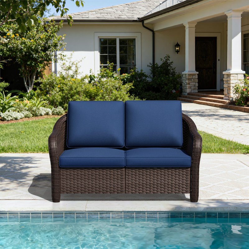 Outdoor Patio Wicker Loveseat With Cushions, Blue