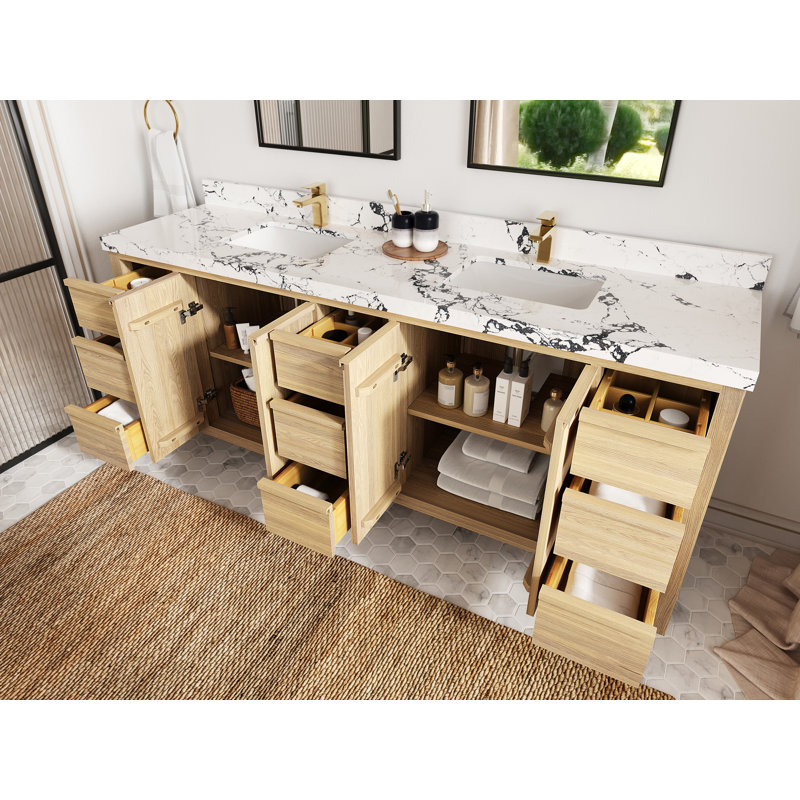 Elizabeth White Oak 84 In. W X 22 In. D Double Sink Bathroom Vanity With 2 In. Quartz, Calacatta Nuvo