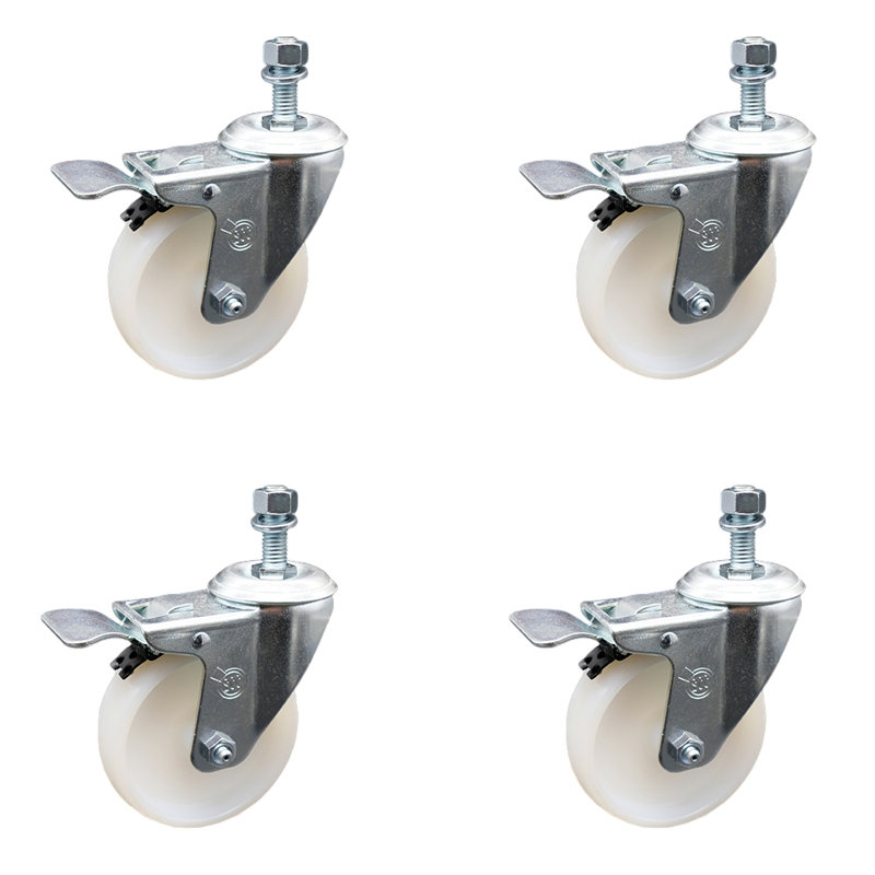 Ensemble de roulettes à tige filetée pivotante en nylon 4 pouces 4 mm avec frein à verrouillage total SCC