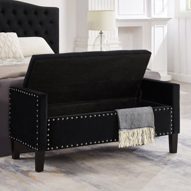 Upholstered Tufted Button Storage Bench With Nails Trim, Black