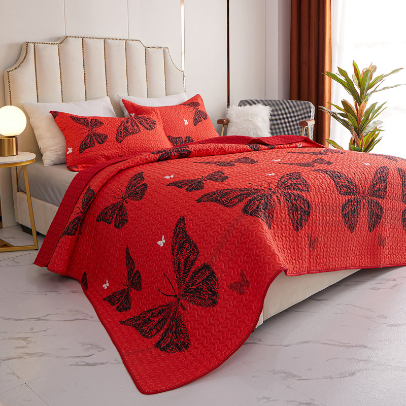 Polyester Percale Floral Coverlet, Queen Coverlet / Bedspread + 2 Shams, Red