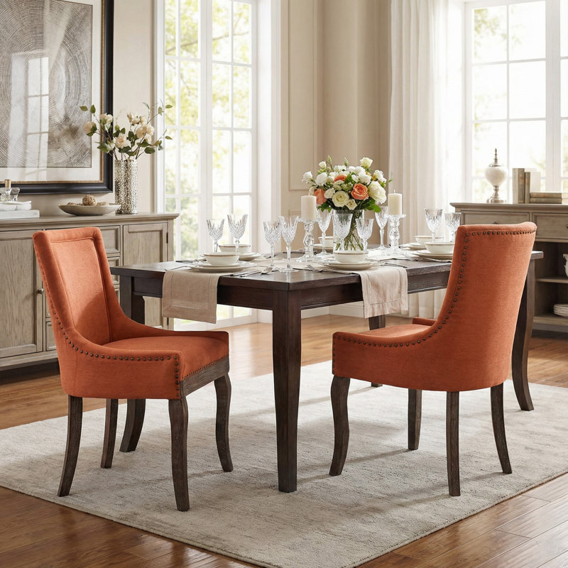 Upholstered Dining Chairs Set of 2, Modern Dining Room Parson Chair, Dinner Side Chairs for Kitchen Dining Room, Orange