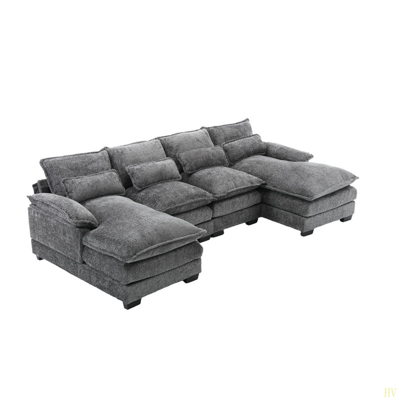 Modern Large Chenille Fabric U-Shape Sectional Sofa, Gray Boucle